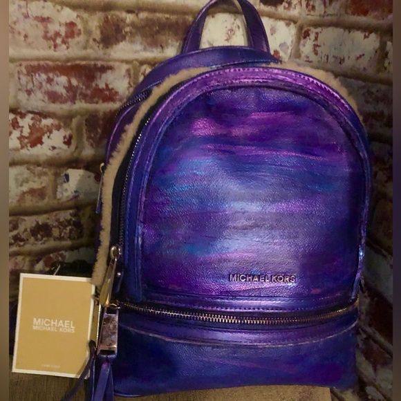 Michael Kors Handbags - Michael Kors Metallic Purple Blu Multi Color Leather Backpack W/Faux Fur